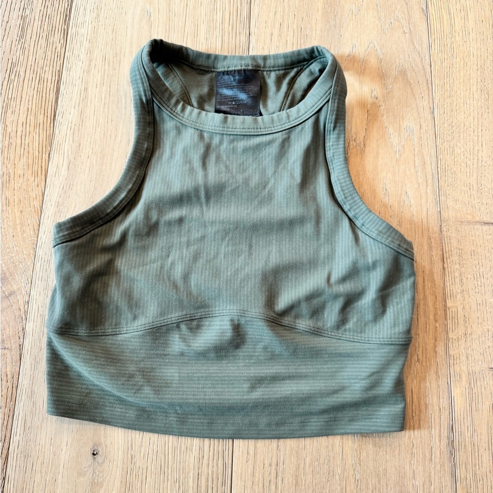 Lululemon Distressed striped embossed army green tank